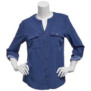 Womens Notations 3/4 Roll Tab Sleeve Dot Split Neck Blouse