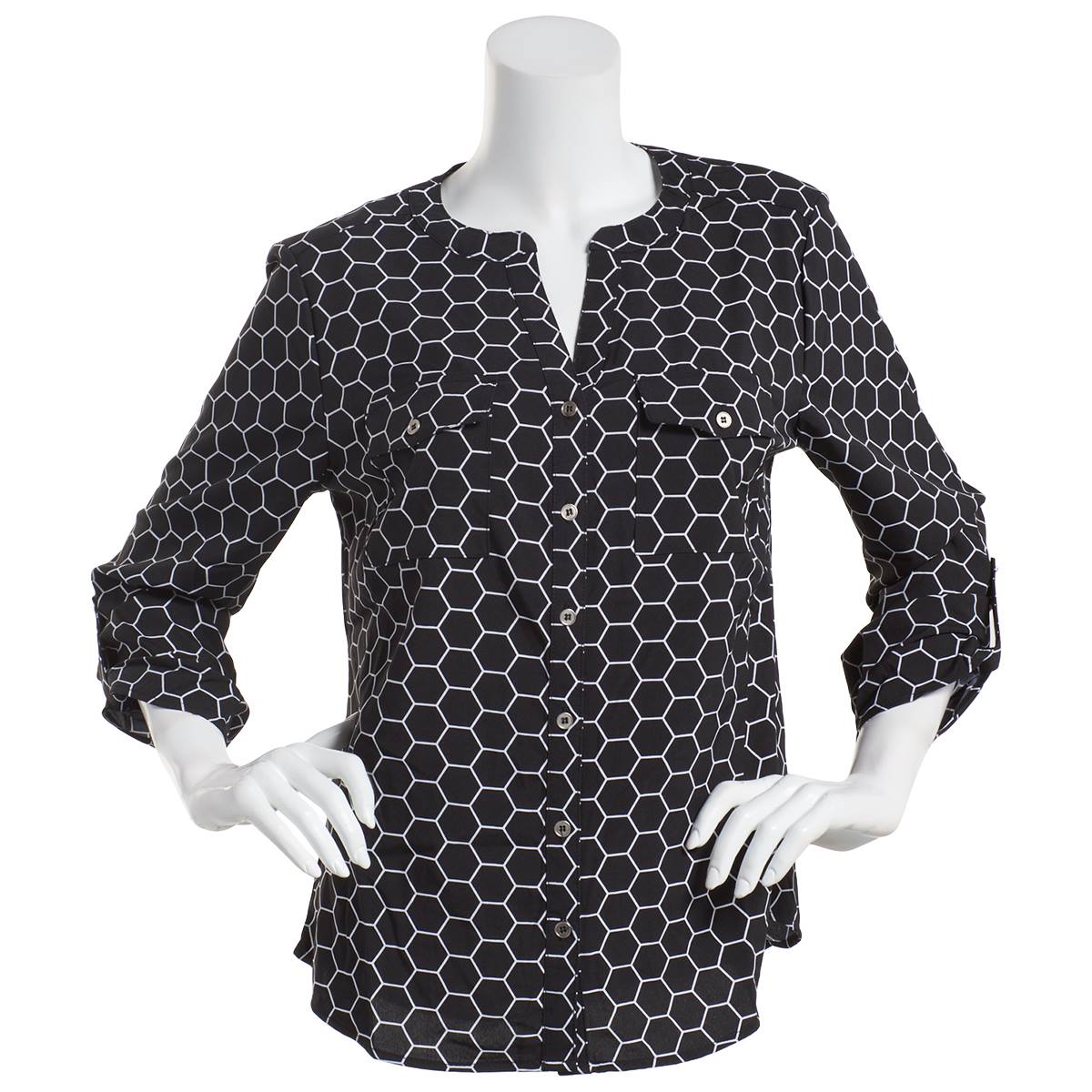 Womems Notations 3/4 Roll Tab Geometric Button Down Blouse