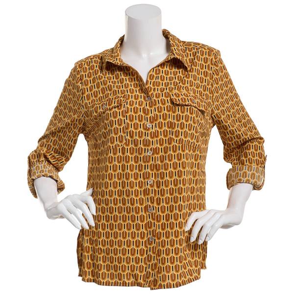 Womens Notations 3/4 Roll Tab Sleeve Geometric Button Down