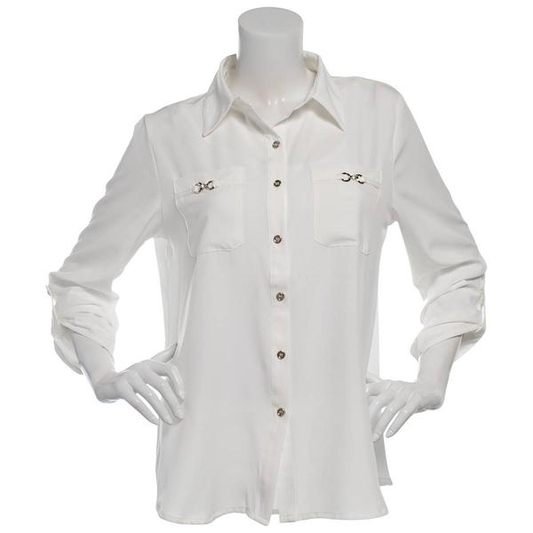 Plus Size Notations Long Sleeve Silky Solid Casual Button Down