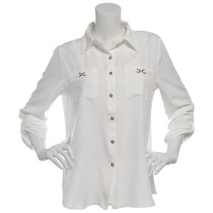 Plus Size Notations Long Sleeve Silky Solid Casual Button Down