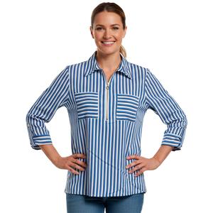 Womens Notations 3/4 Sleeve Zip Stripe Pocket Blouse