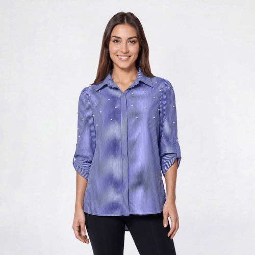 Womens Notations 3/4 Sleeve Stripe Casual Button Down w/ Pearls