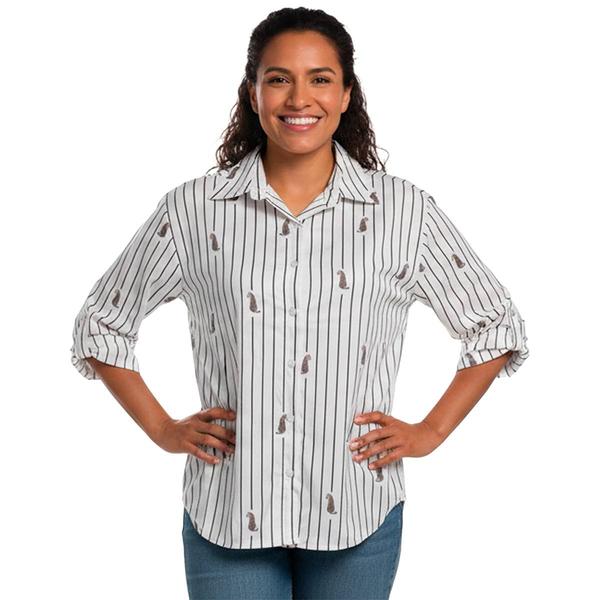 Womens Notations Roll Tab Sleeve Cheetah Stripe Button Down