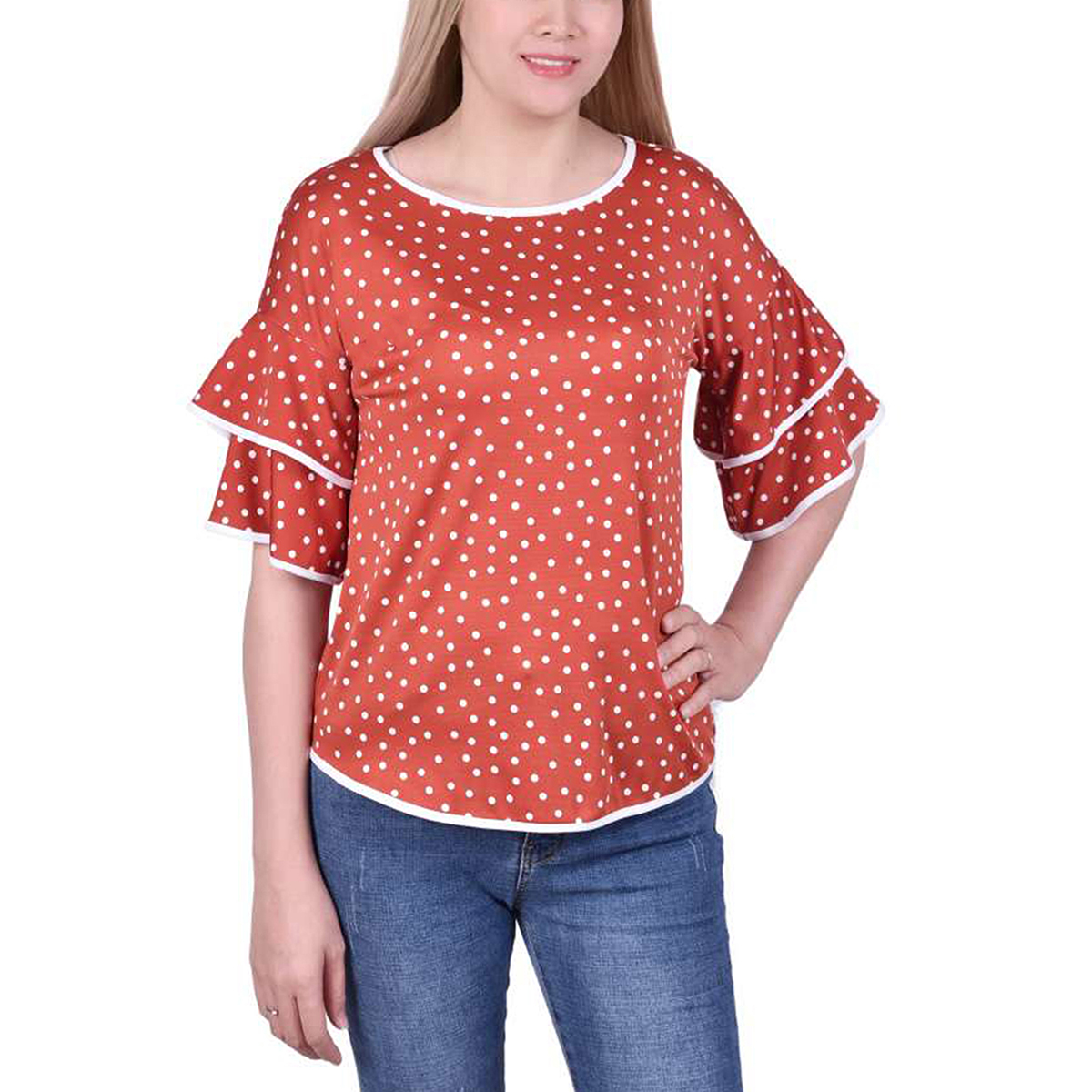 Petite NY Collection Double Layer Elbow Sleeve Rust Dot Blouse