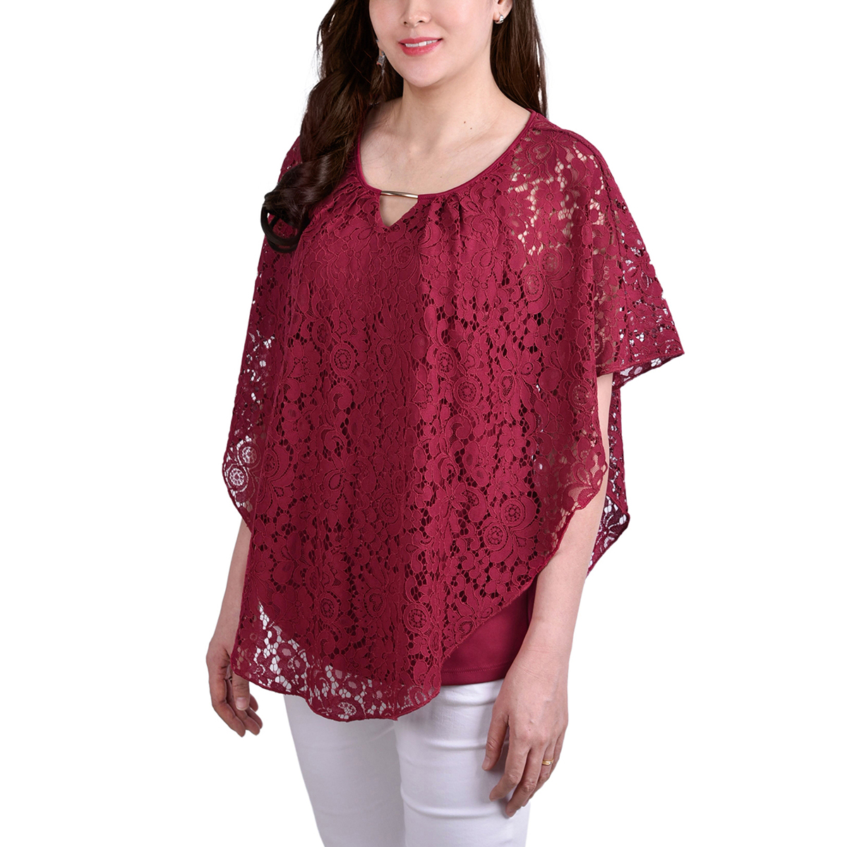 Petite NY Collection Lace Poncho Blouse