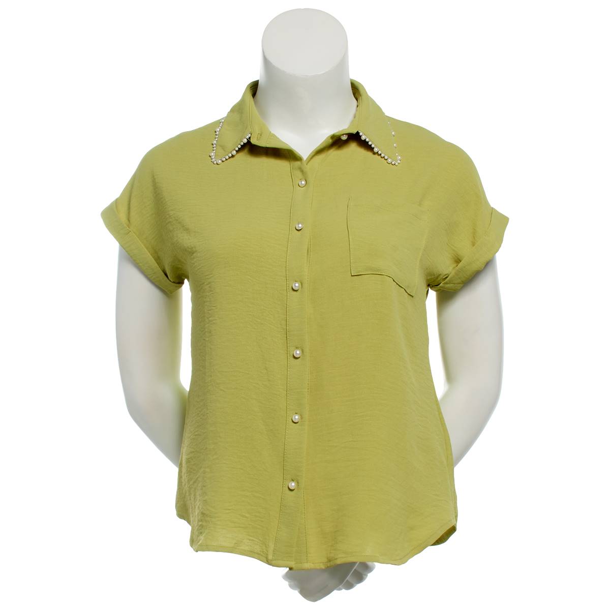 Plus Size Notations Short Sleeve Pearl Trim Causal Button Down