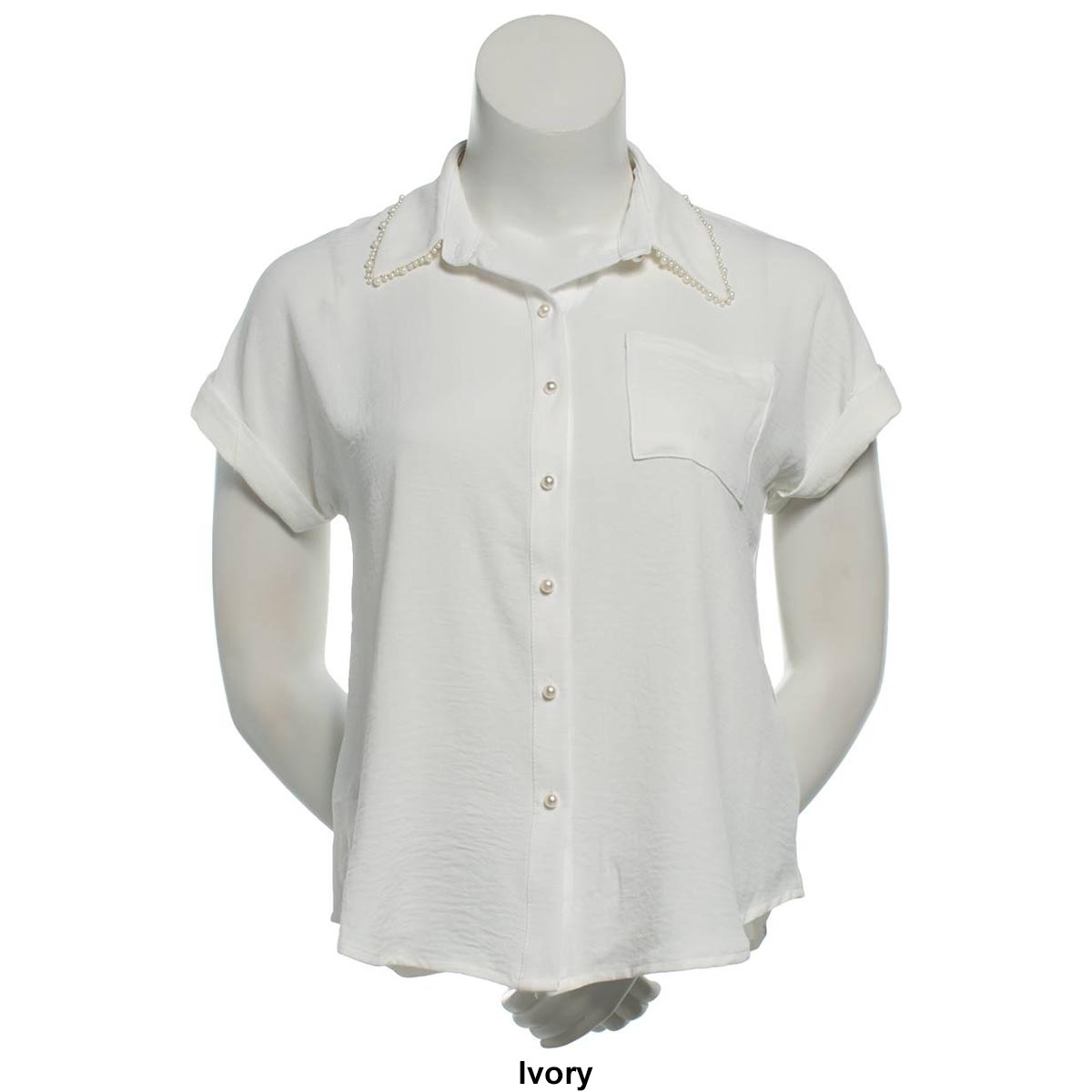 Plus Size Notations Short Sleeve Pearl Trim Causal Button Down