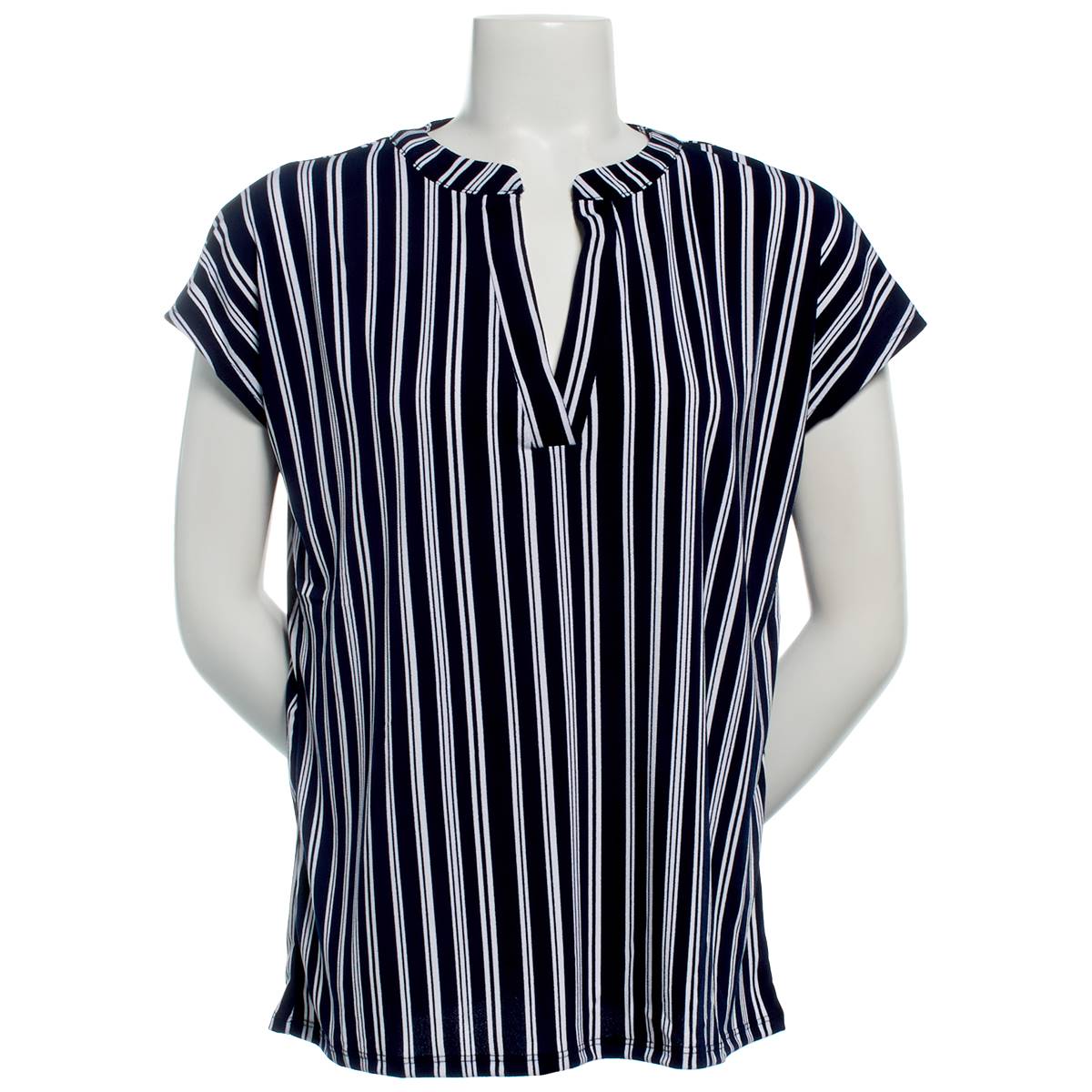 Plus Size Notations Short Sleeve Stripe Split Neck Crepe Blouse