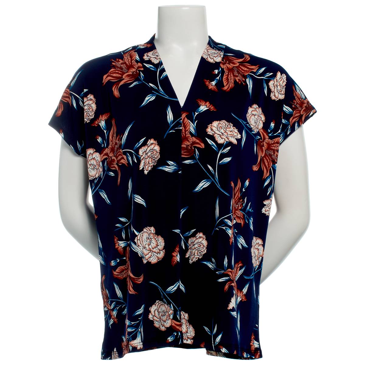 Petite Notations Short Sleeve Floral Crepe V-Neck Blouse