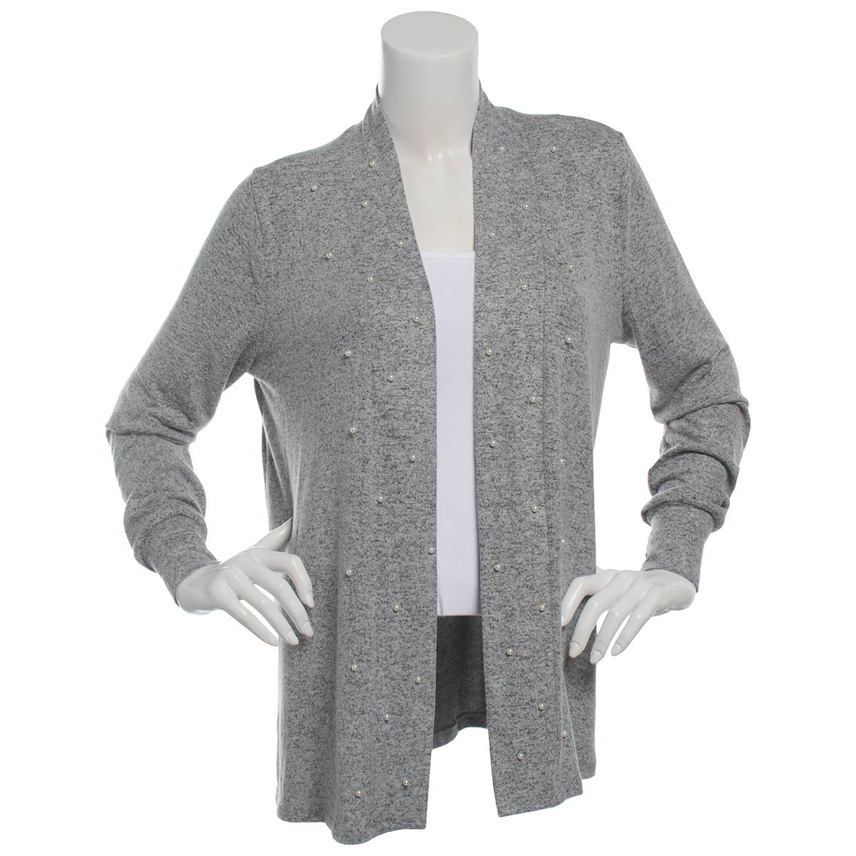 Petite Notations Long Sleeve Pearl Trim Hacci Open Cardigan