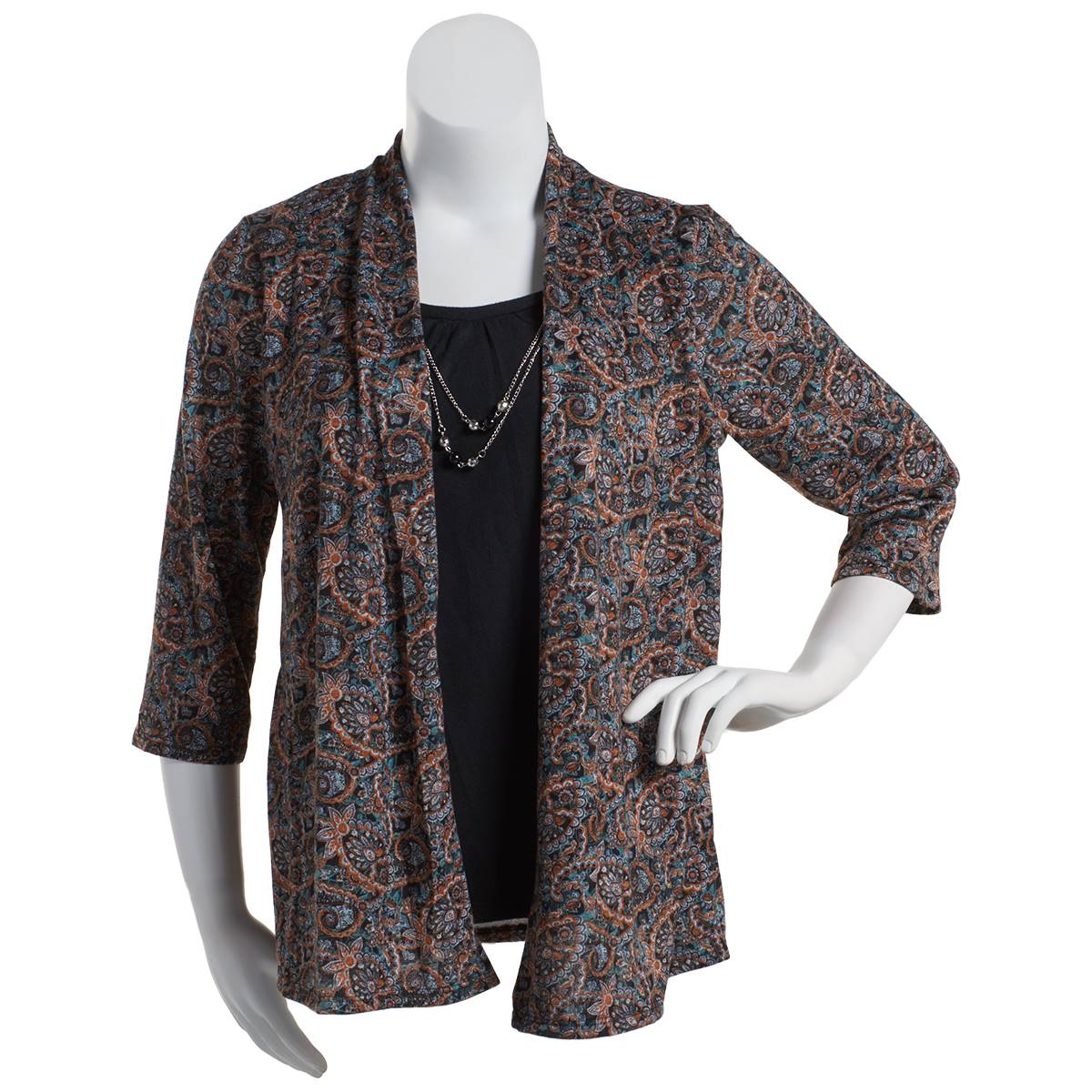 Plus Size Notations Paisley 2Fer Blouse W/Necklace - Black/Taupe