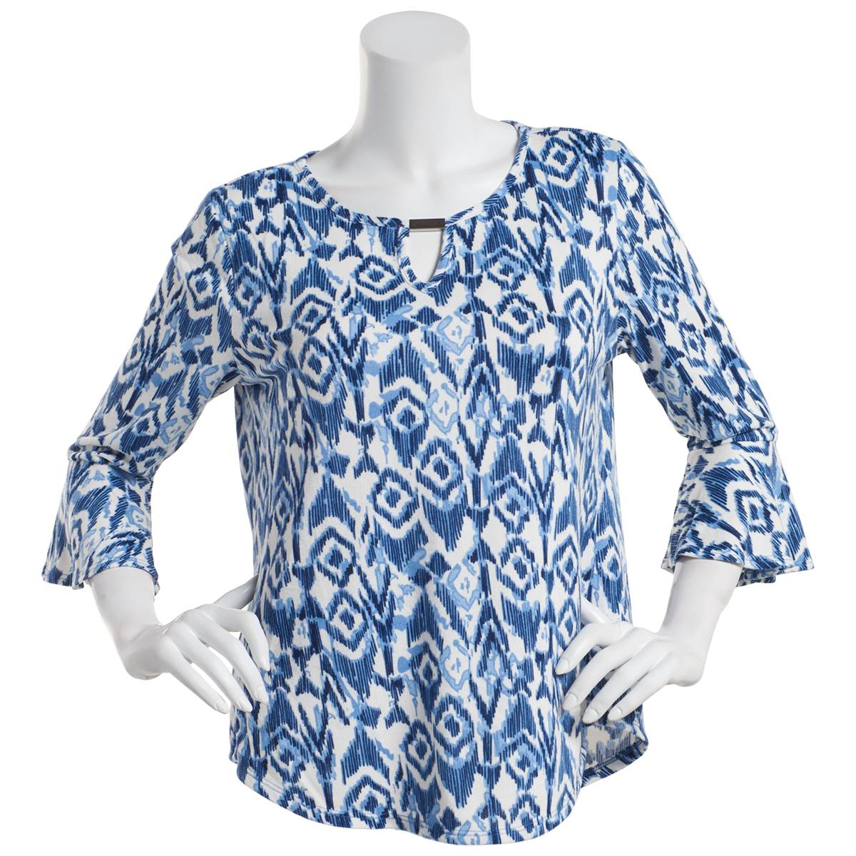 Petites Notations 3/4 Ruffle Sleeve Ikat Keyhole Blouse -Blue