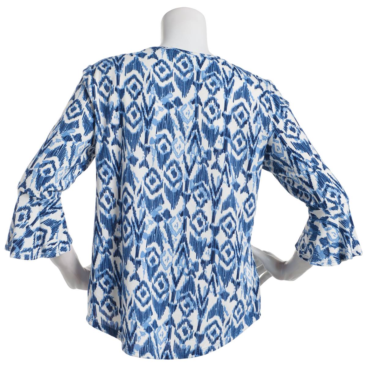 Petites Notations 3/4 Ruffle Sleeve Ikat Keyhole Blouse -Blue