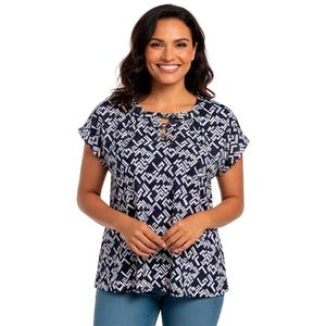 Petite Notations Short Sleeve Geometric Tie Neck Grommet Blouse