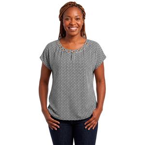 Petite Notations Short Sleeve Grommet Neck Geometric Blouse
