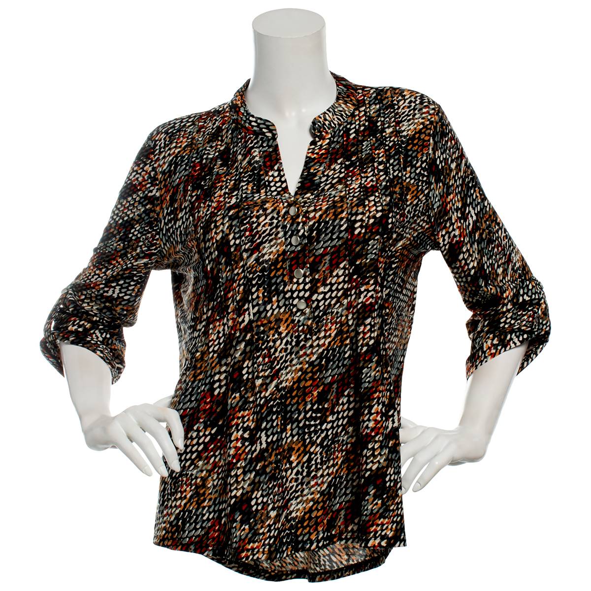 Petite Notations 3/4 Sleeve Jacquard Pintuck 1/2 Button Blouse