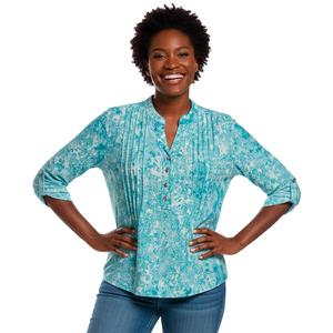 Petite Notations 3/4 Sleeve Floral Pleat Button Front Blouse