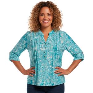 Plus Size Notations 3/4 Sleeve Floral Pleat Button Front Blouse