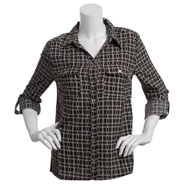 Petite Notations 3/4 Roll Tab Sleeve Geometric Blouse