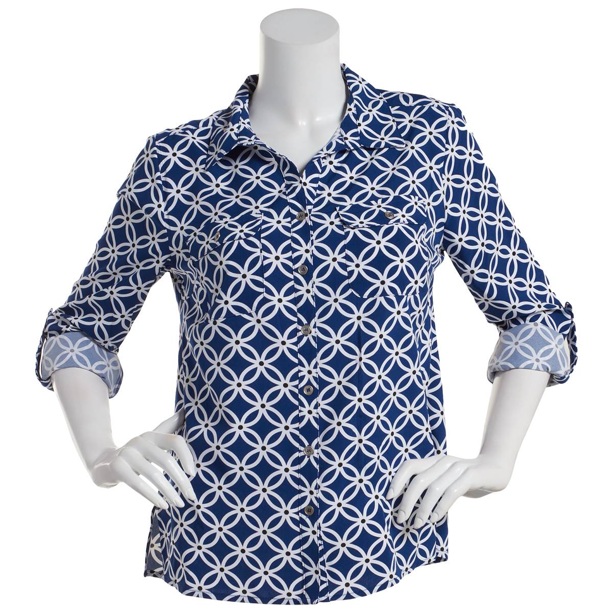 Petite Notations 3/4 Roll Tab Lattice Casual Button Down