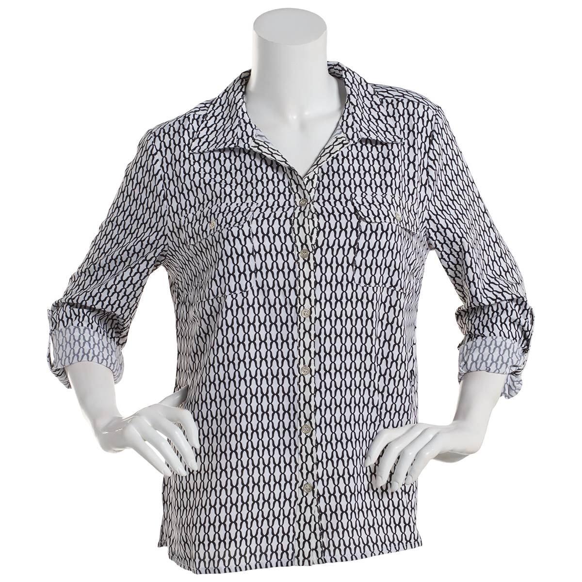 Petite Notations 3/4 Roll Tab Geometric Casual Button Down