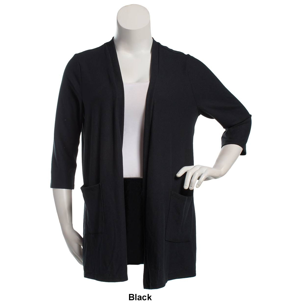 Plus Size Notations 3/4 Sleeve Solid Hacci Open Front Cardigan