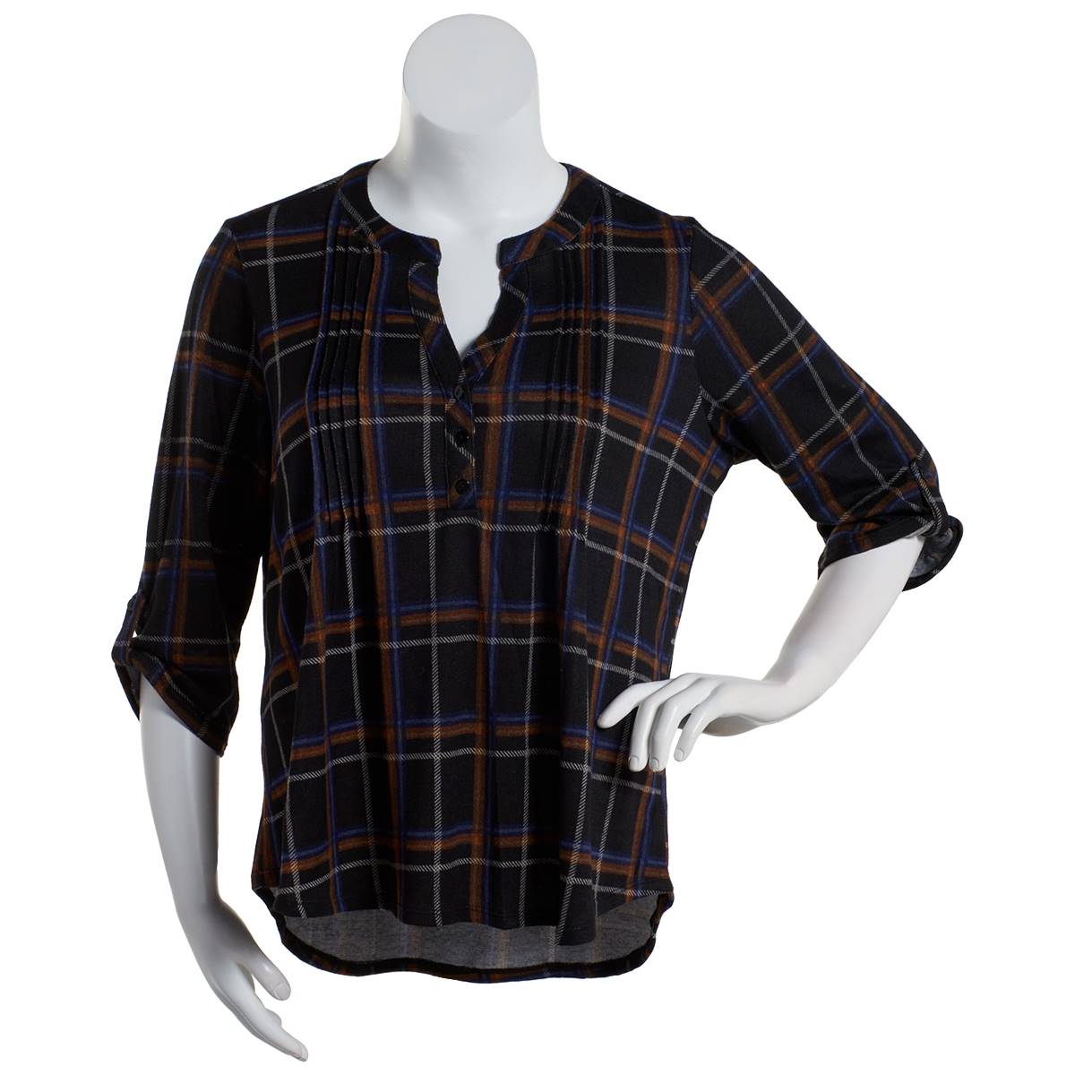 Plus Size Notations 3/4 Sleeve Plaid Pleat Blouse - Black/Ivory