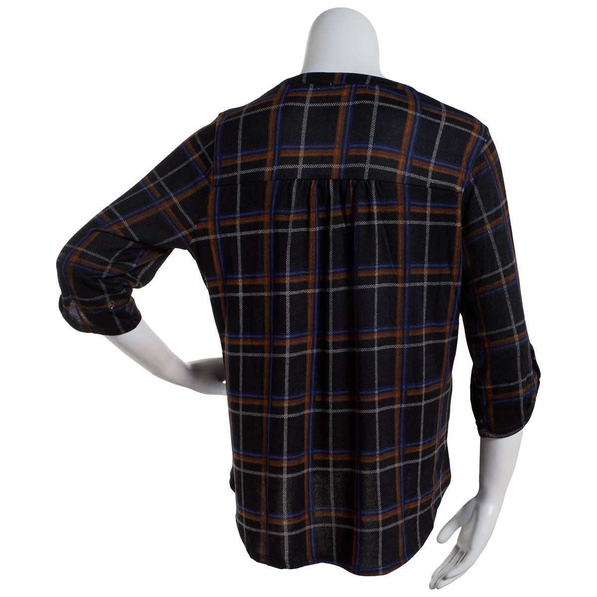 Plus Size Notations 3/4 Sleeve Plaid Pleat Blouse - Black/Ivory