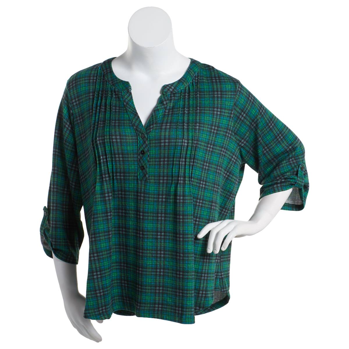 Plus Size Notations 3/4 Sleeve Plaid Pleat Henley - Green/Blue