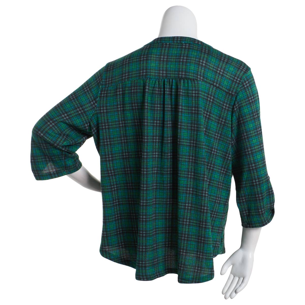 Plus Size Notations 3/4 Sleeve Plaid Pleat Henley - Green/Blue