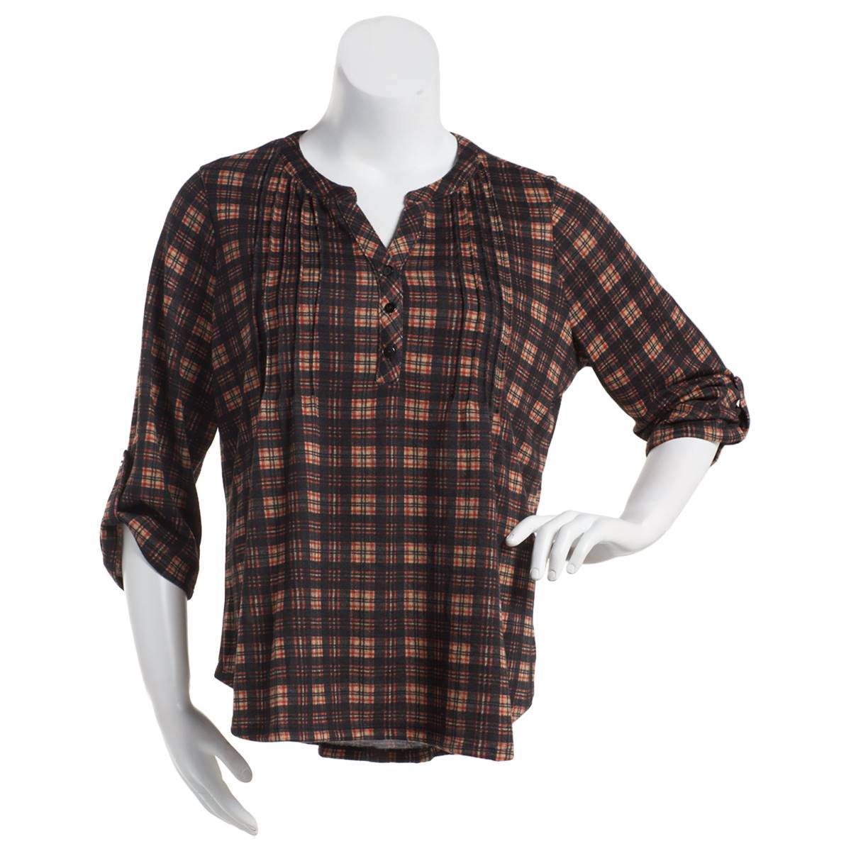 Plus Size Notations 3/4 Sleeve Plaid Pleat Henley - Nude/Black