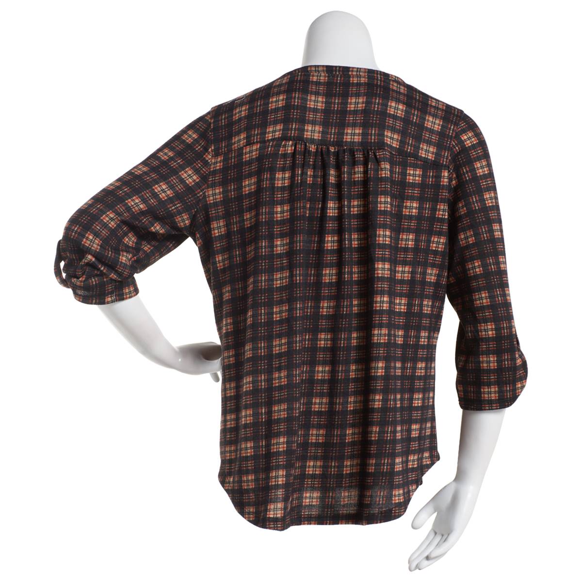 Plus Size Notations 3/4 Sleeve Plaid Pleat Henley - Nude/Black