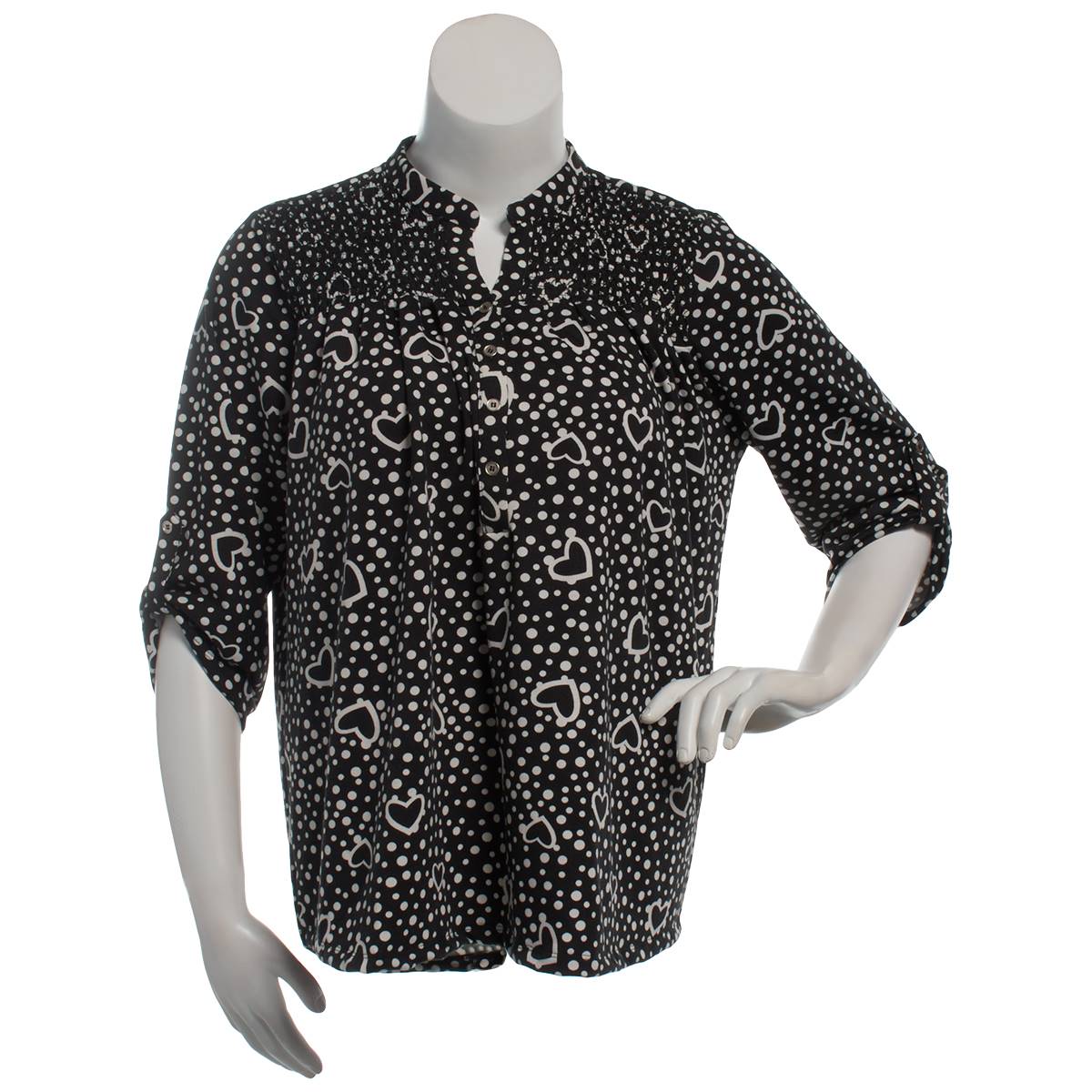 Plus Size Notations 3/4 Roll Sleeve Heart Dot Smocked Blouse