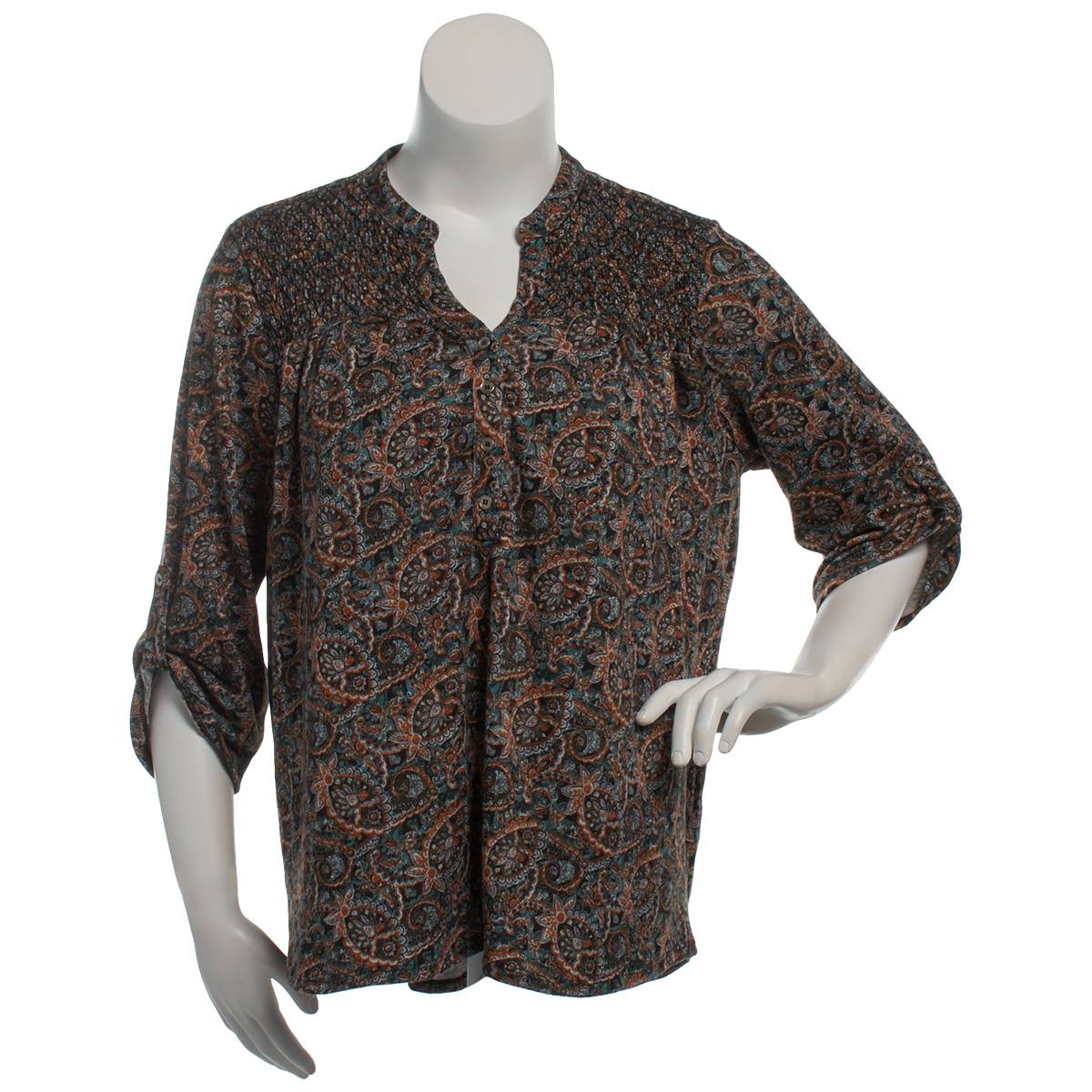 Plus Size Notations 3/4 Roll Sleeve Paisley Smocked Blouse