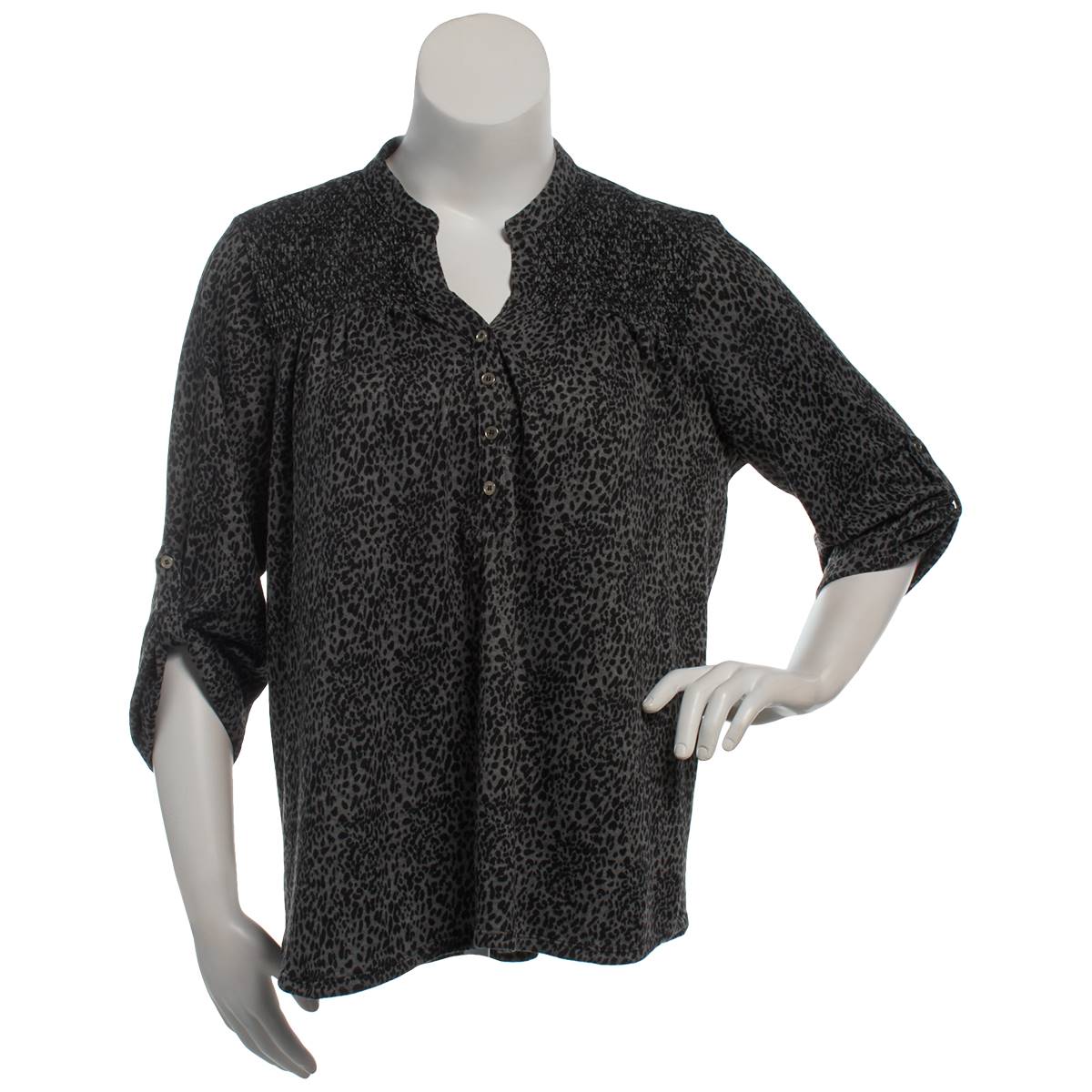 Plus Size Notations 3/4 Roll Sleeve Animal Smocked Blouse