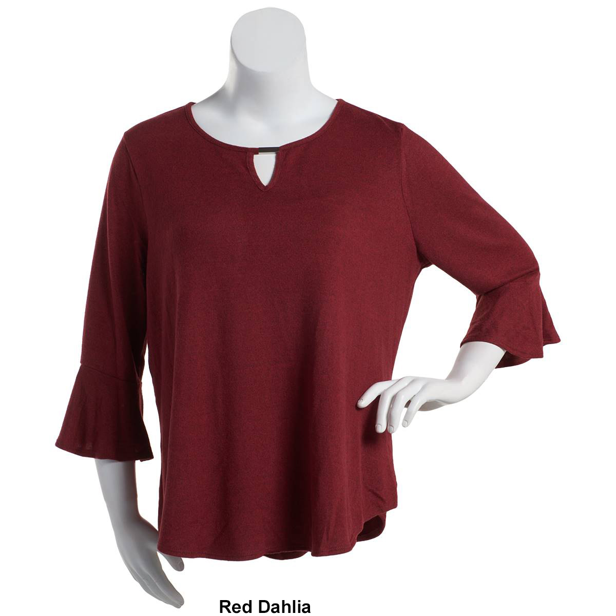 Petites Notations 3/4 Ruffle Sleeve Solid Hacci Keyhole Blouse