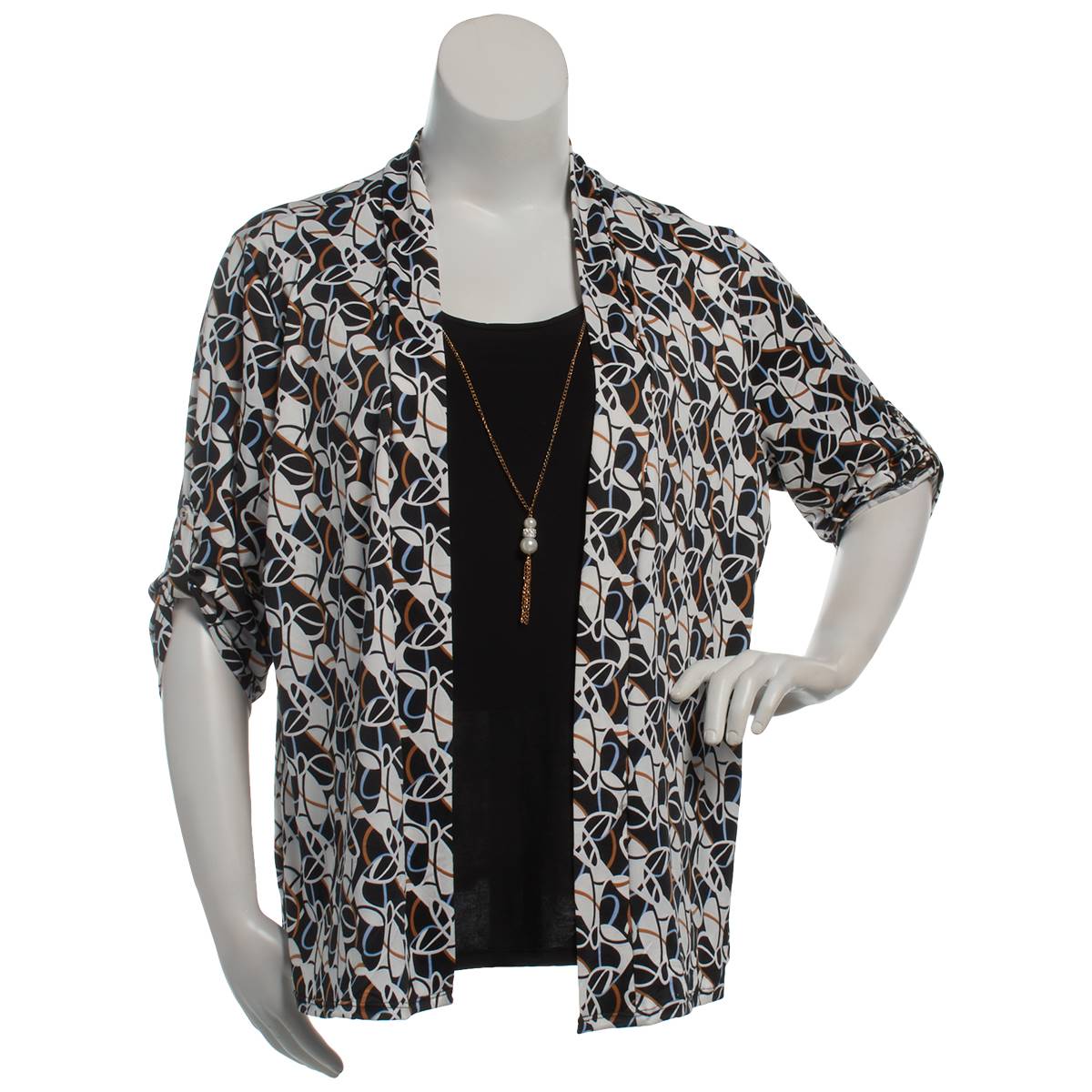 Plus Size Notations 3/4 Sleeve Abstract 2Fer Cardigan Blouse