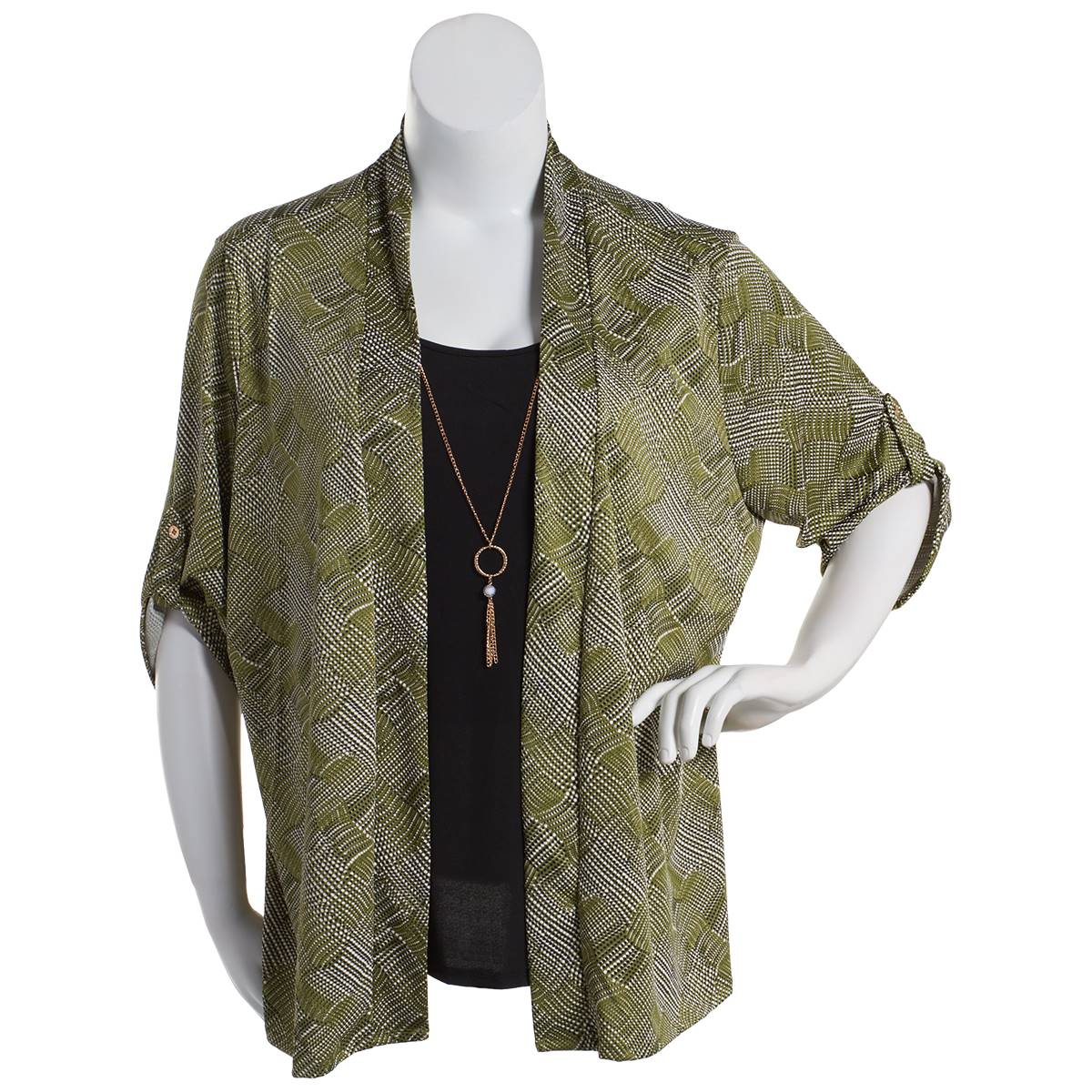 Plus Size Notations 3/4 Sleeve Geo Dot 2Fer Blouse W/Necklace