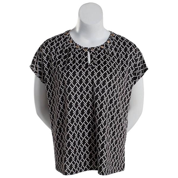 Womens Notations Short Sleeve Geo Grommet Neck Shell Blouse