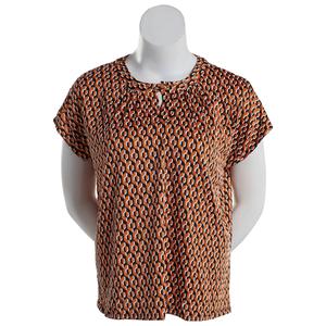 Plus Size Notations Short Sleeve Geometric Grommet Neck Blouse