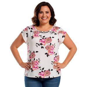 Plus Size Notations Tulip Sleeve Bar Accent Neck Floral Blouse