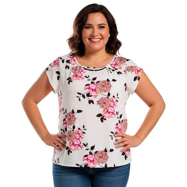 Plus Size Notations Tulip Sleeve Bar Accent Neck Floral Blouse