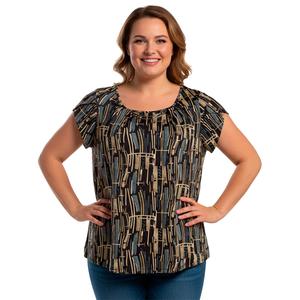 Plus Size Notations Tulip Sleeve Double Bar Neck Abstract Blouse