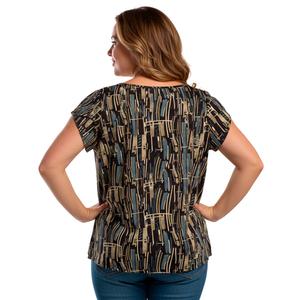Plus Size Notations Tulip Sleeve Double Bar Neck Abstract Blouse alternate view