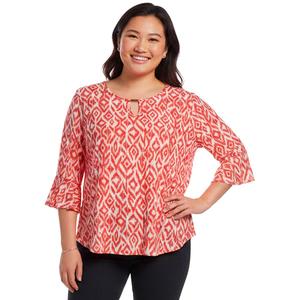 Plus Size Notations 3/4 Ruffle Sleeve Keyhole Neck Ikat Blouse