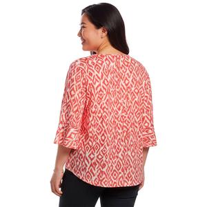Plus Size Notations 3/4 Ruffle Sleeve Keyhole Neck Ikat Blouse alternate view