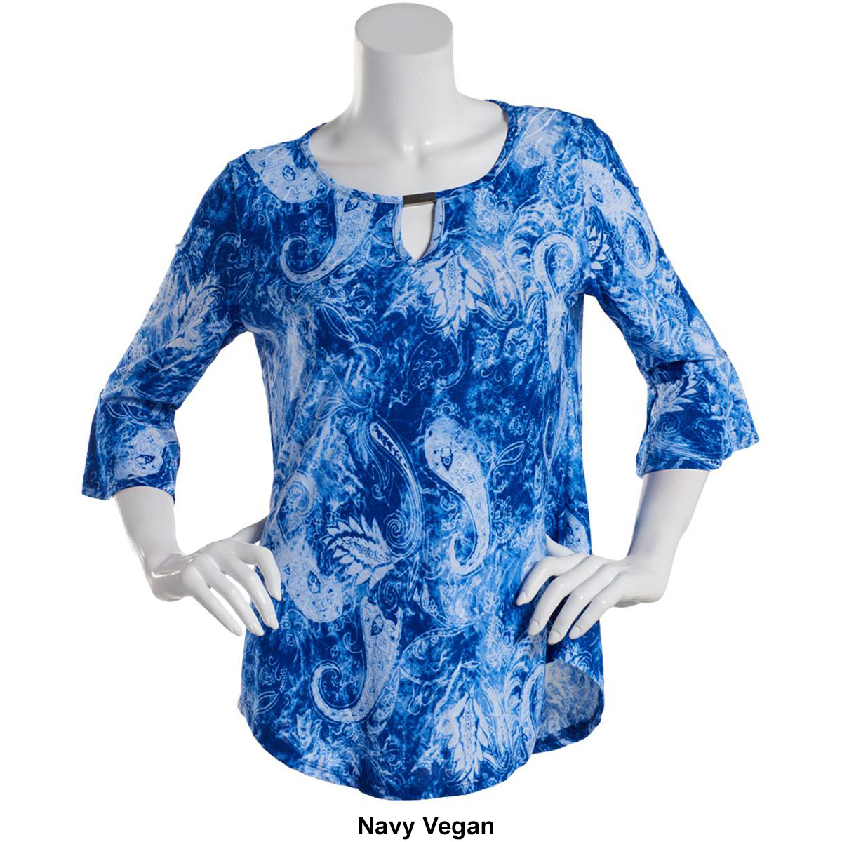 Plus Size Notations 3/4 Ruffle Sleeve Paisley Keyhole Blouse