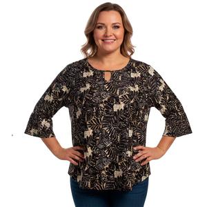 Plus Size Notations 3/4 Ruffle Sleeve Keyhole Neck Leaf Blouse