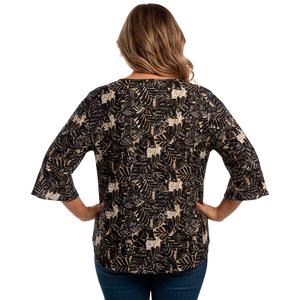 Plus Size Notations 3/4 Ruffle Sleeve Keyhole Neck Leaf Blouse alternate view